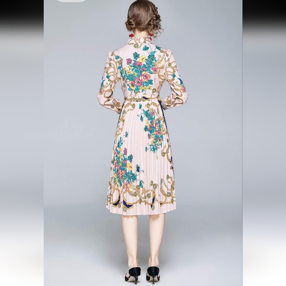 Dalia Macphee Terese Long Sleeve Pleated Midi Dress Size Small Pink - Picture 2 of 16